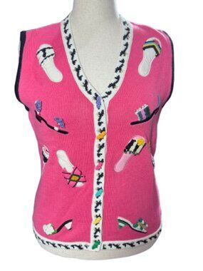 Storybook Knits Pink Embellished Cardigan Vest Sandals Kitty Heels (Size M)